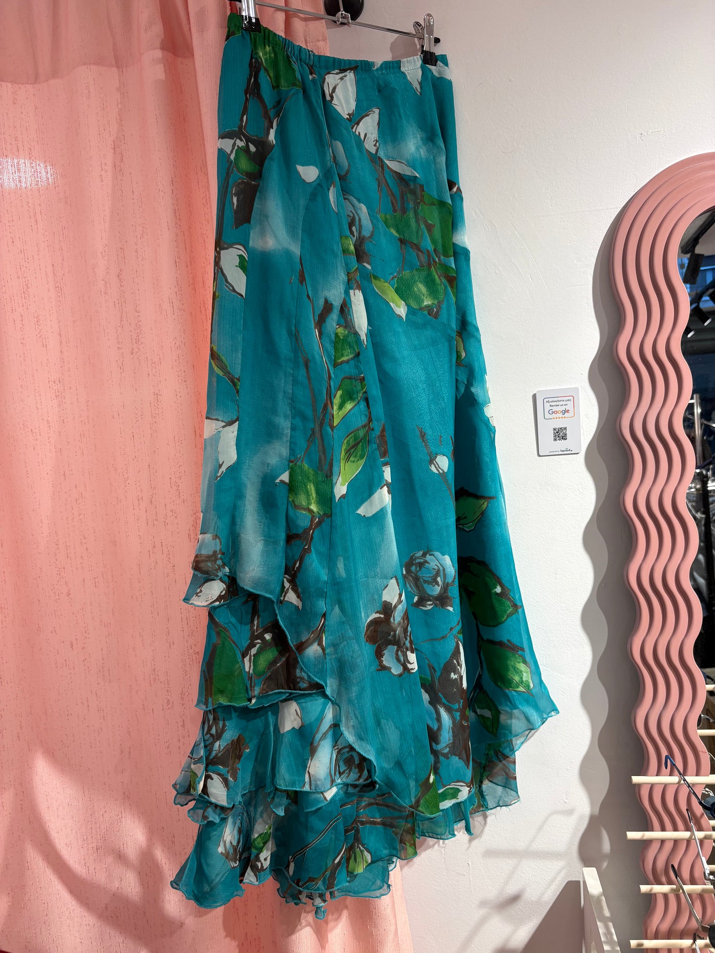 Incredible 100% silk long floral skirt with ruffle details (S)