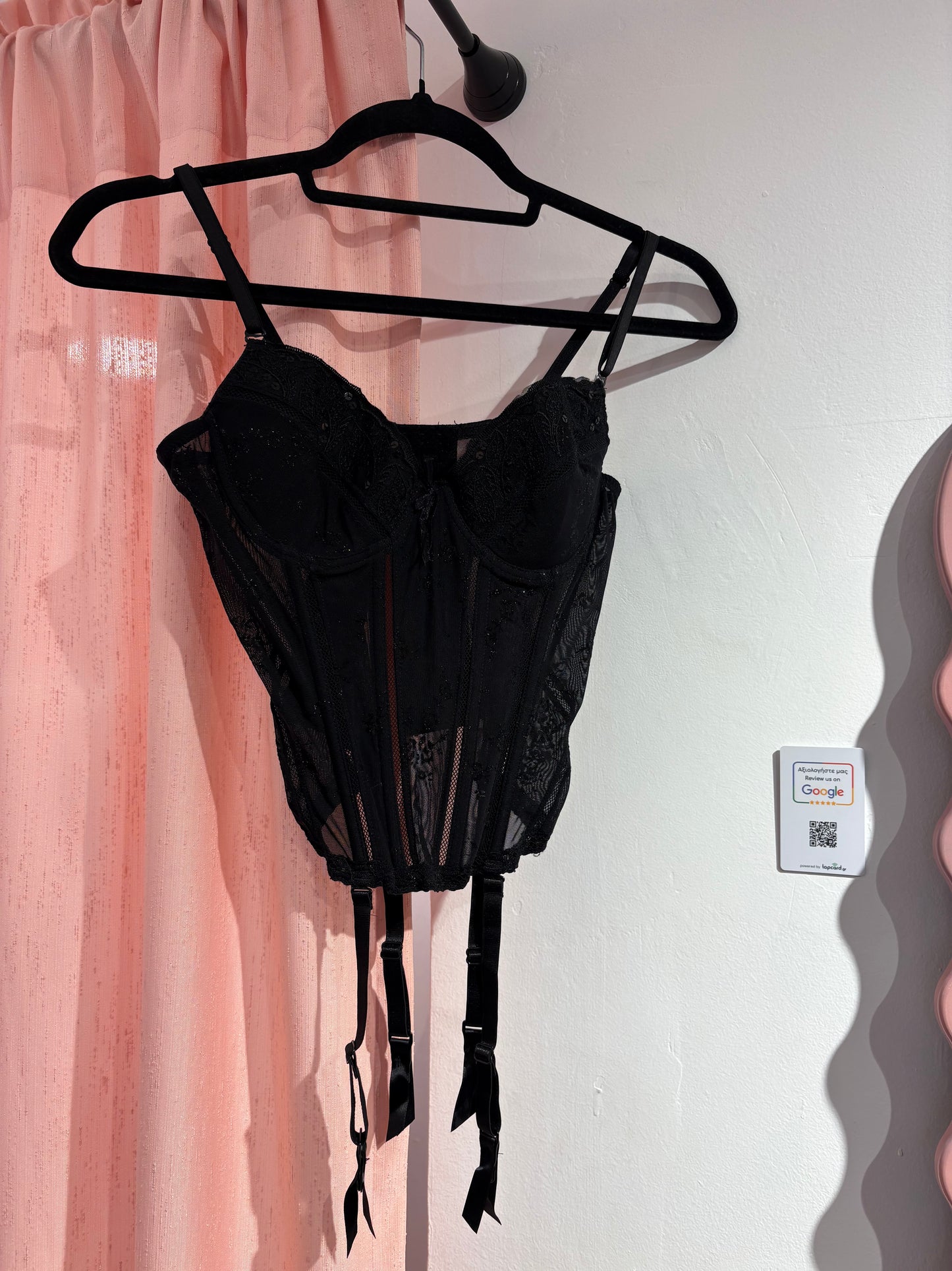 Pretty black corset with glitter details and hanging lace ties (85B)
