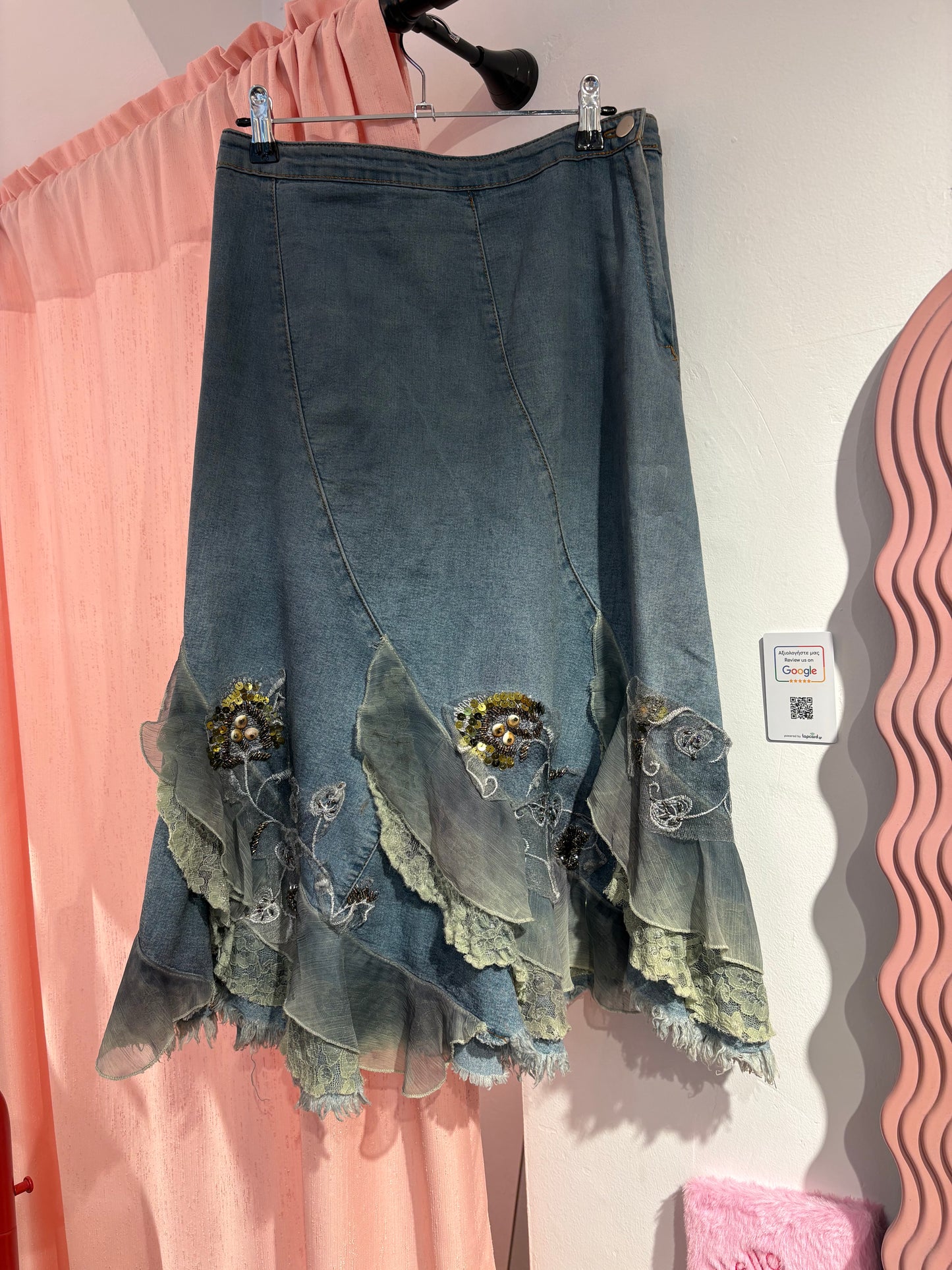 Super-unique denim midi skirt with layers (M)