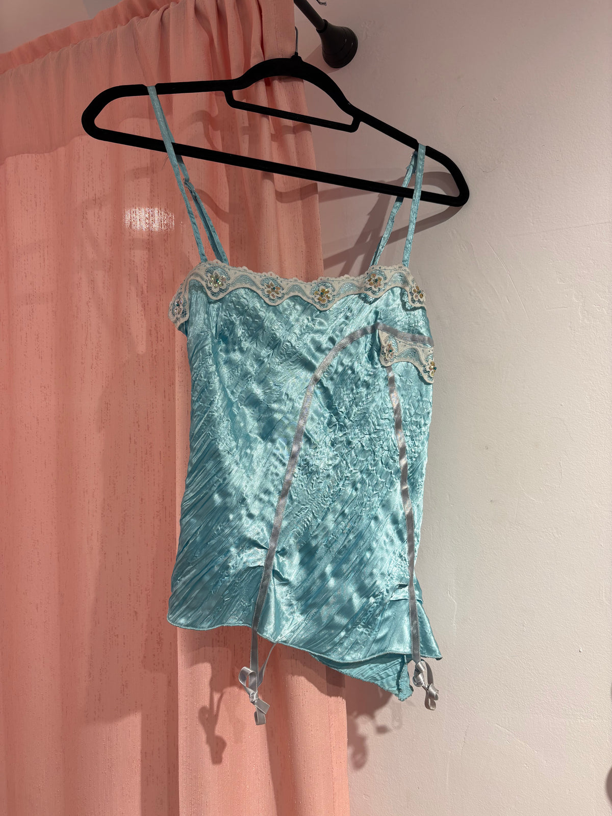 Gorgeous Positive asymmetrical light blue top with lace & sequin details (S)