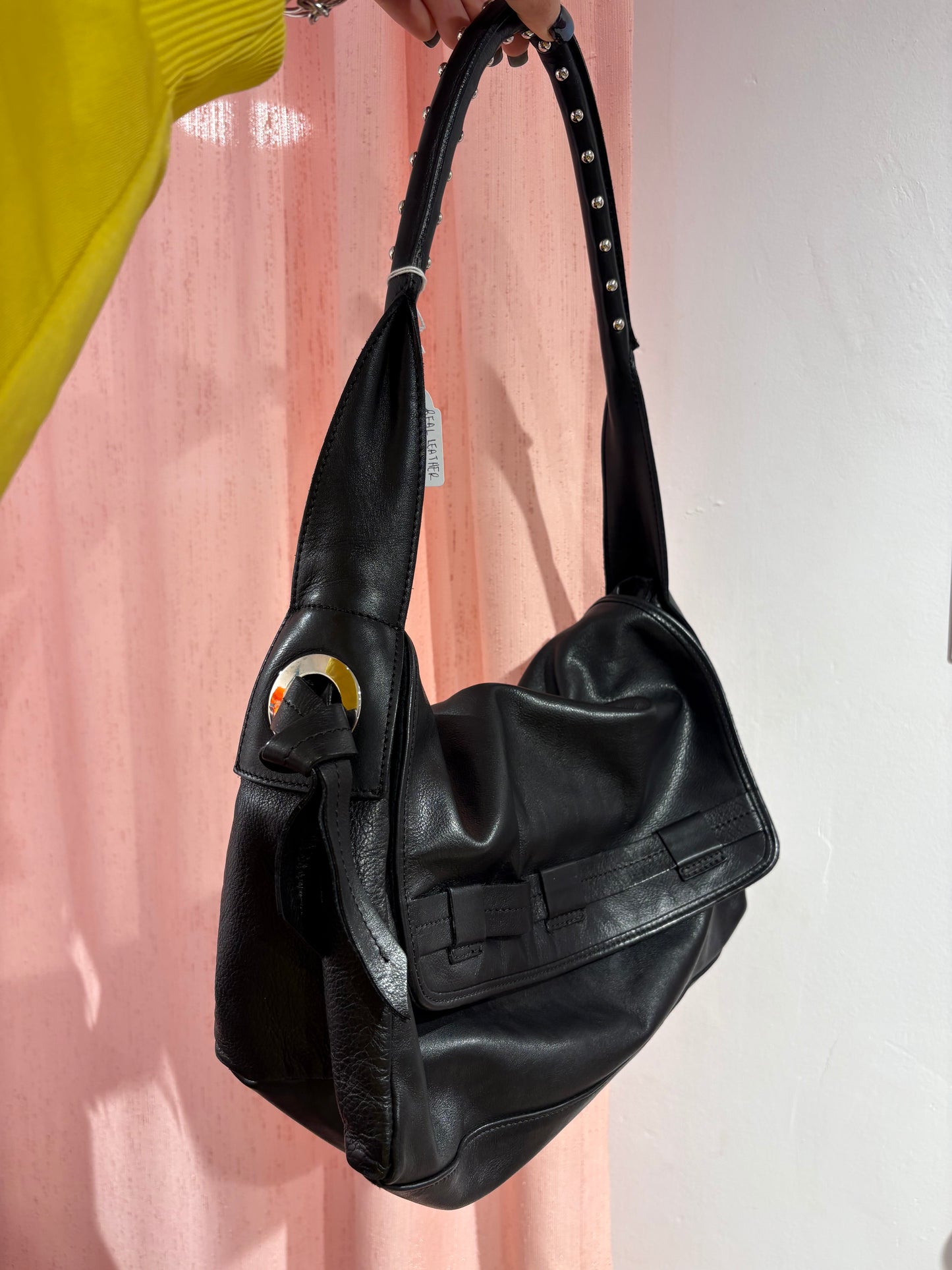 Real leather shoulder bag with metallic details