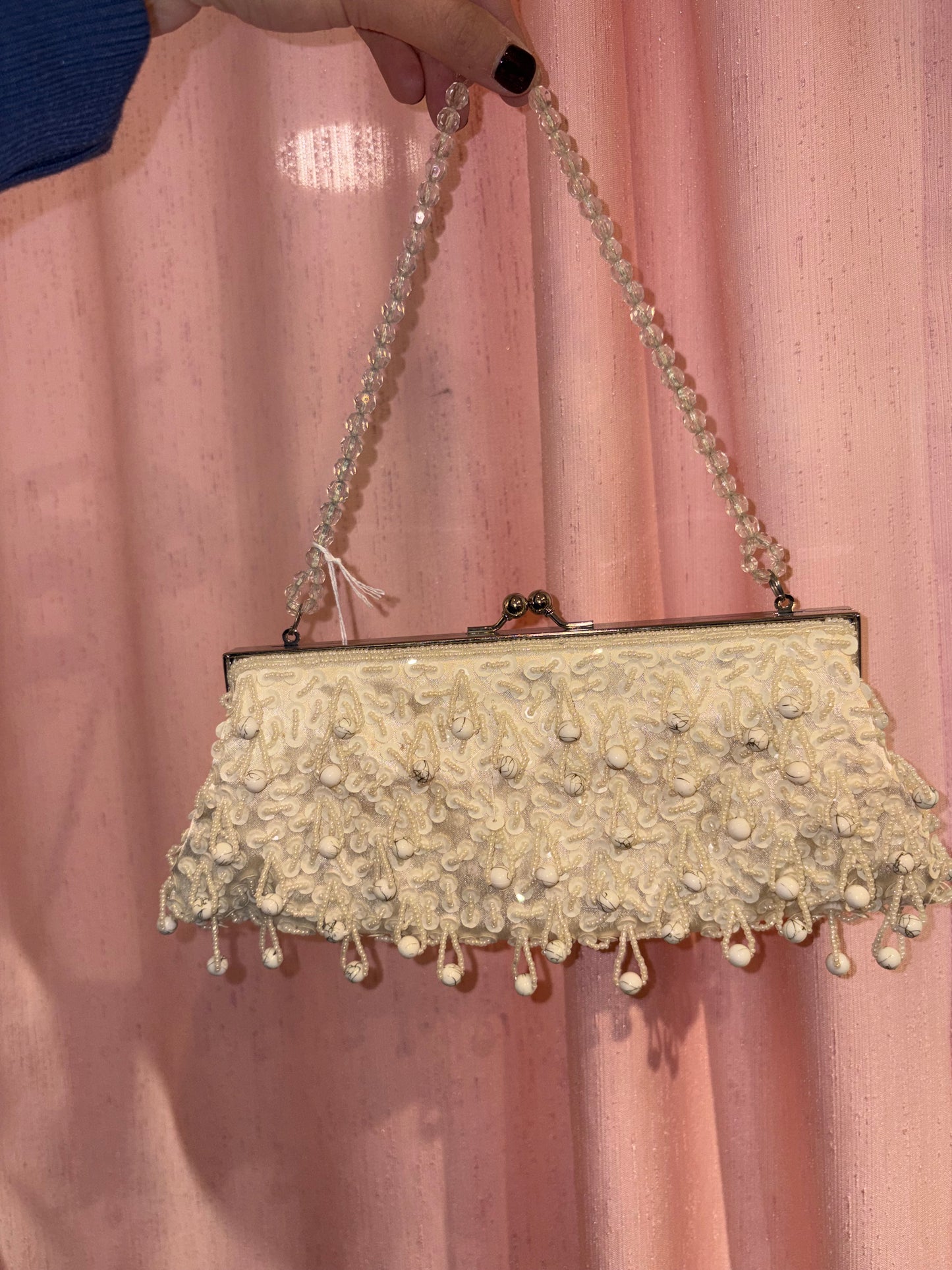 Vintage cream beaded clutch with pearl fringe & delicate chain handle