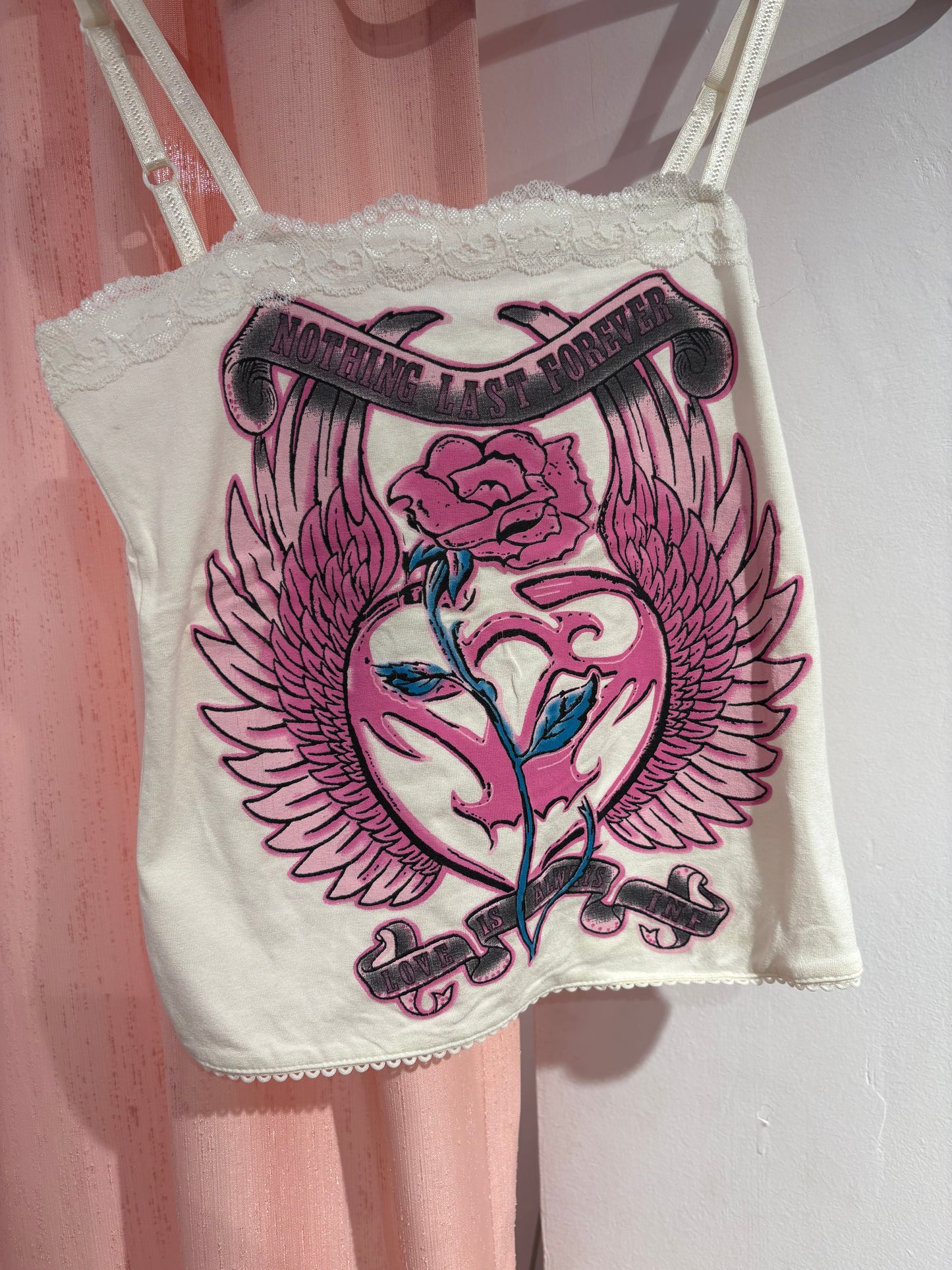 Dreamy y2k lace cami with bold graphic print (Fits S/L)