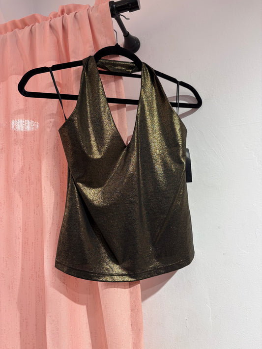 Gorgeous Positive v-neck metallic gold top (M)