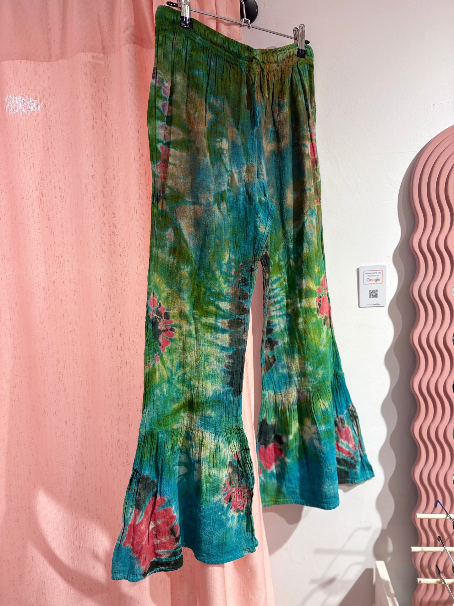Incredible tie-dye trousers with ruffled hems (S)