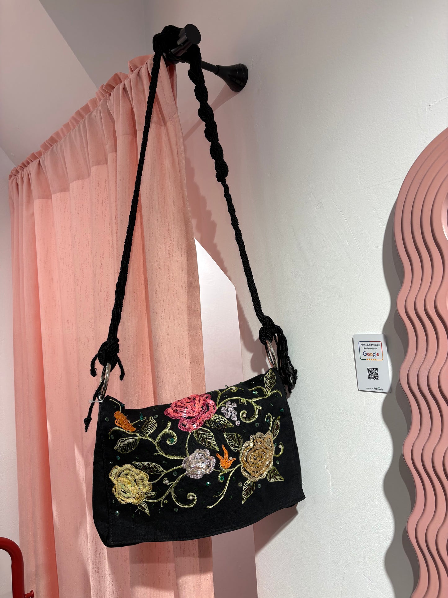 Cutest long floral embroidered sequin button-up bag