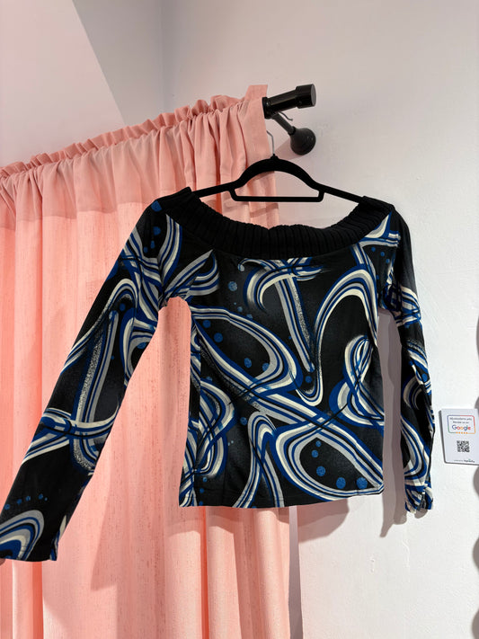 Y2k off-shoulder top with abstract blue/cream swirl print