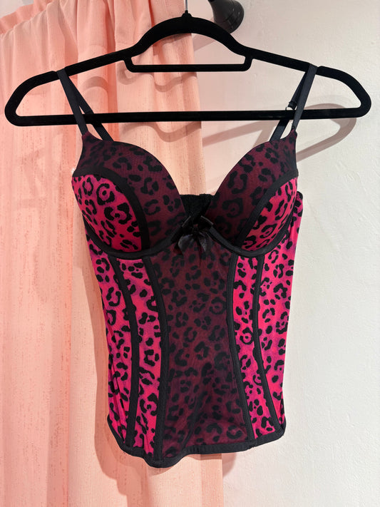 Sexy fuchsia leopard push-up bra corset (S-M / 75B)