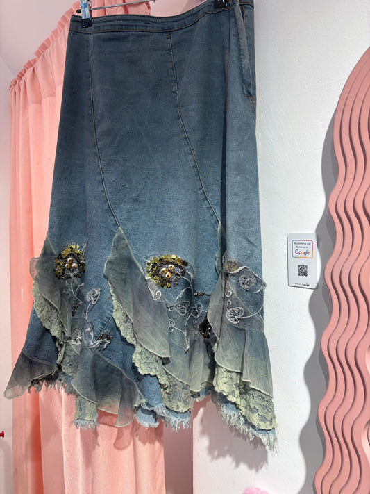 Super-unique denim midi skirt with layers (M)
