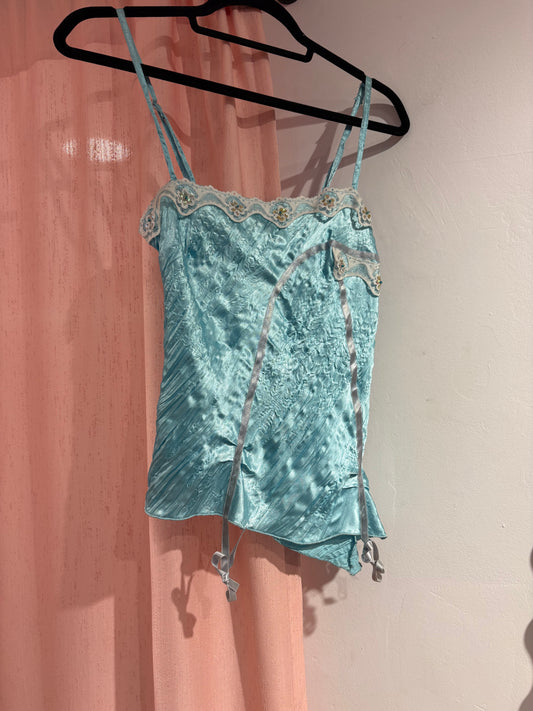 Gorgeous Positive asymmetrical light blue top with lace & sequin details (S)