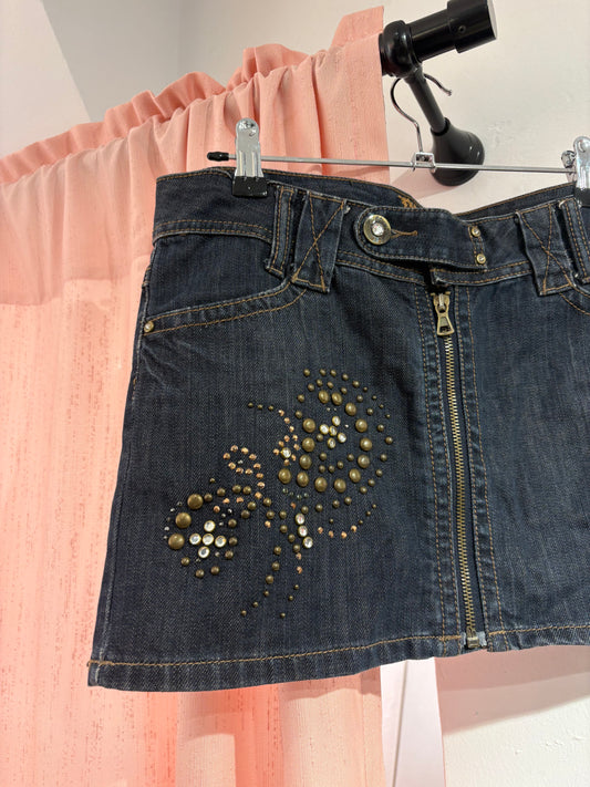 Denim y2k mini skirt with zippers & studs (EU:38)