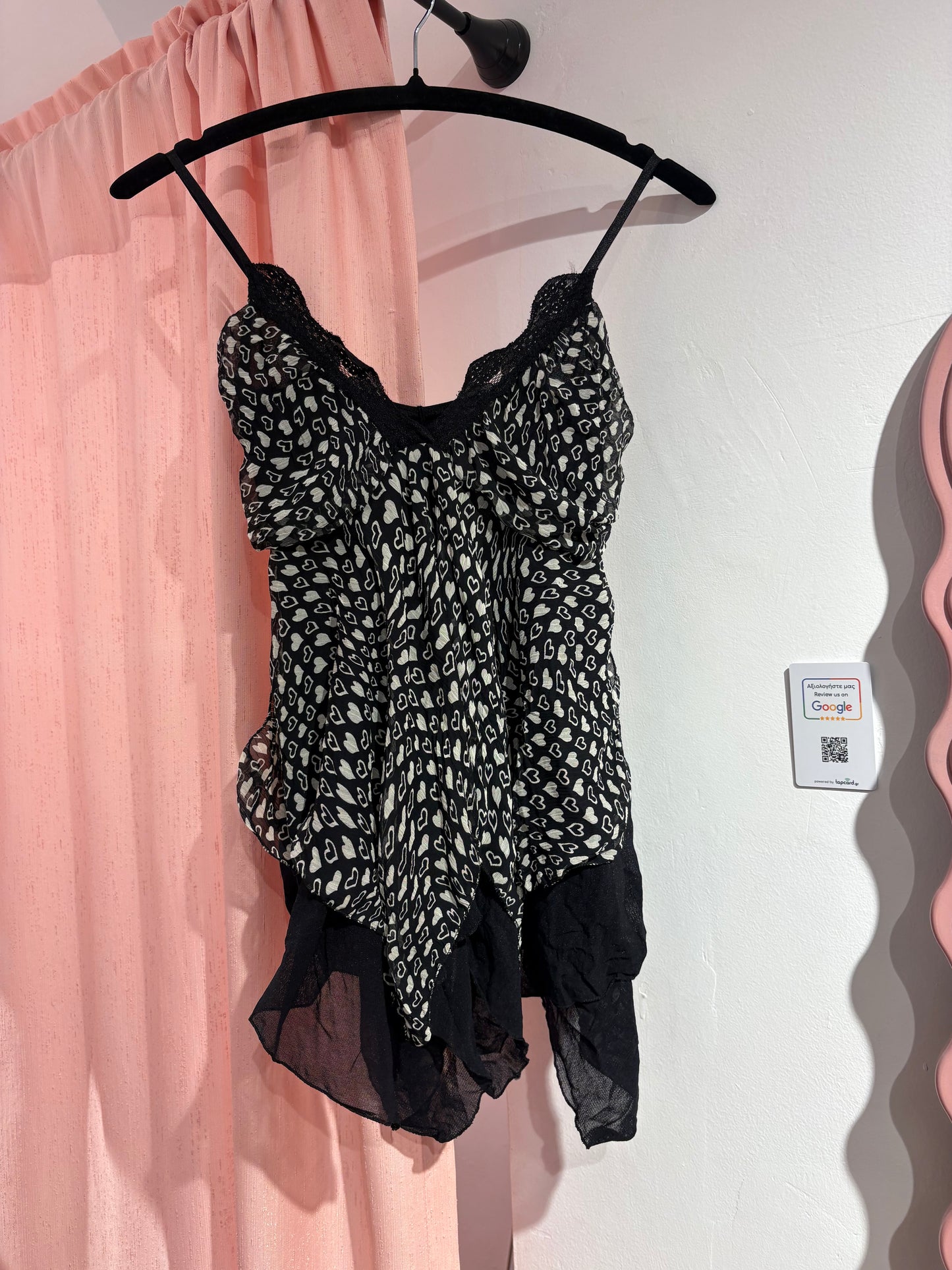 Sheer cami top with lace trim & a flowy asymmetrical hem (M)