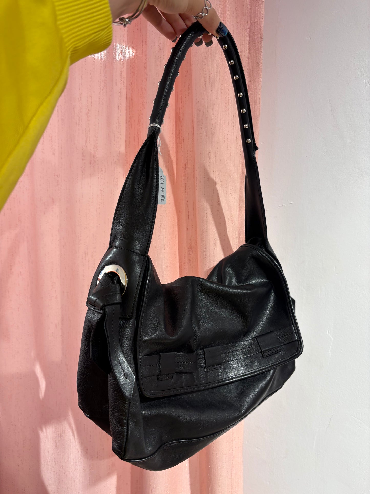 Real leather shoulder bag with metallic details