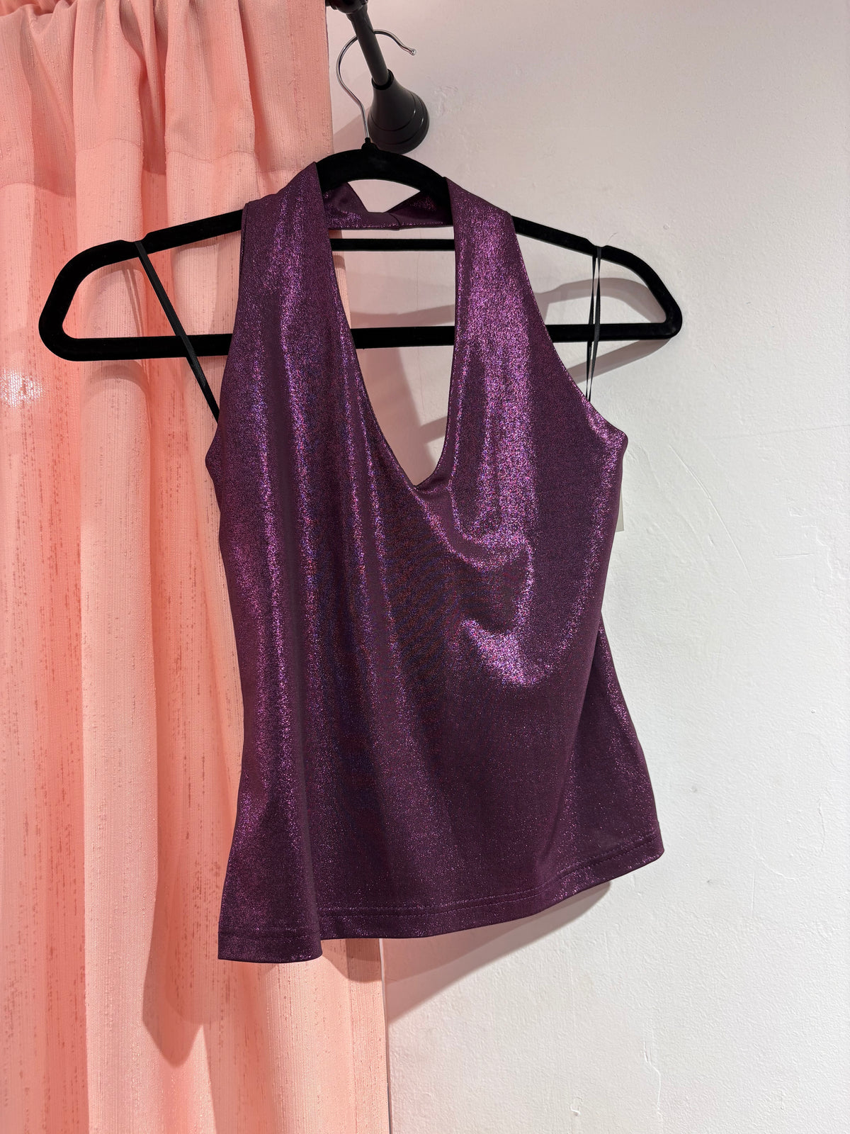 Gorgeous Positive v-neck metallic purple top (S)