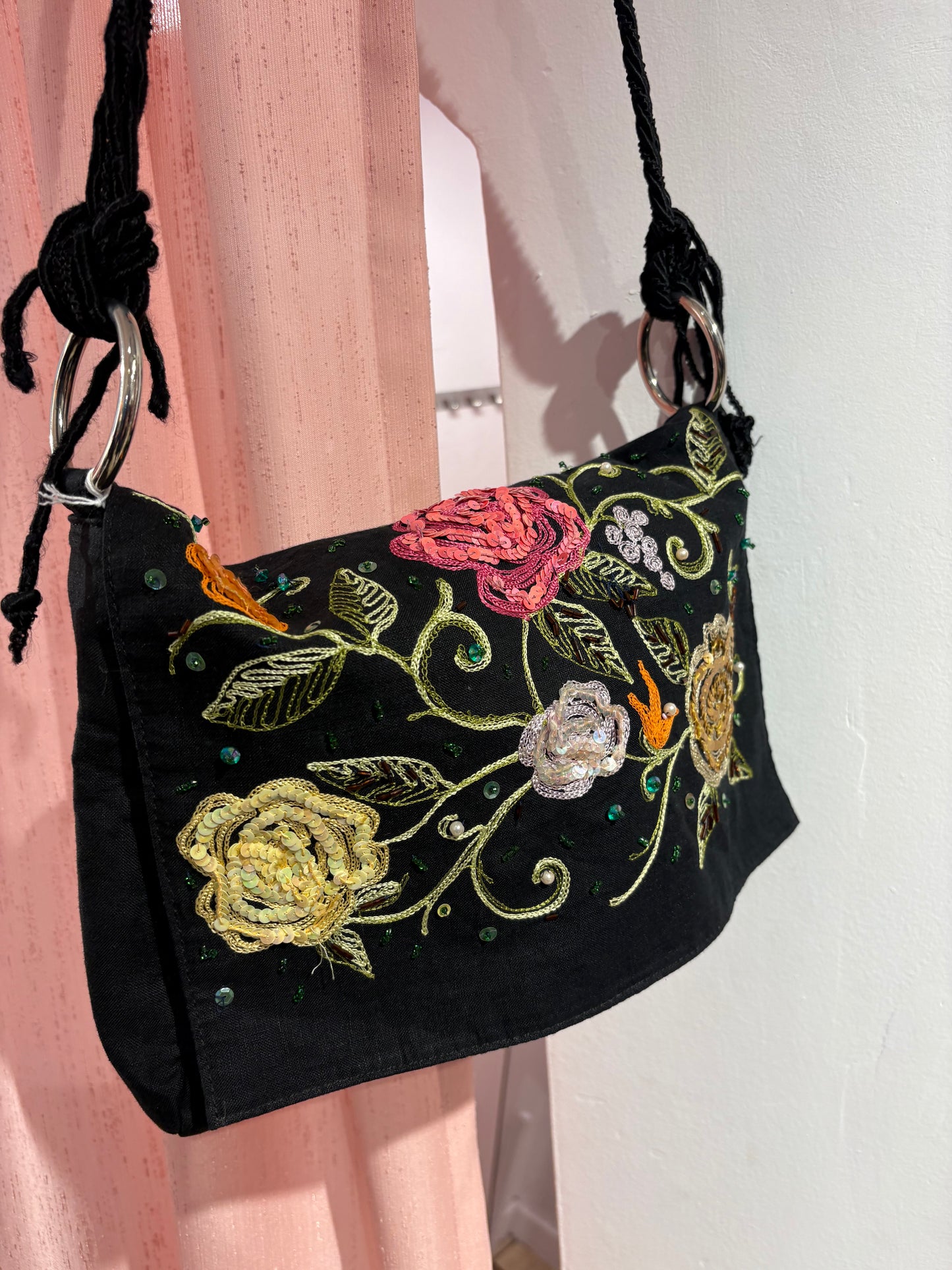 Cutest long floral embroidered sequin button-up bag