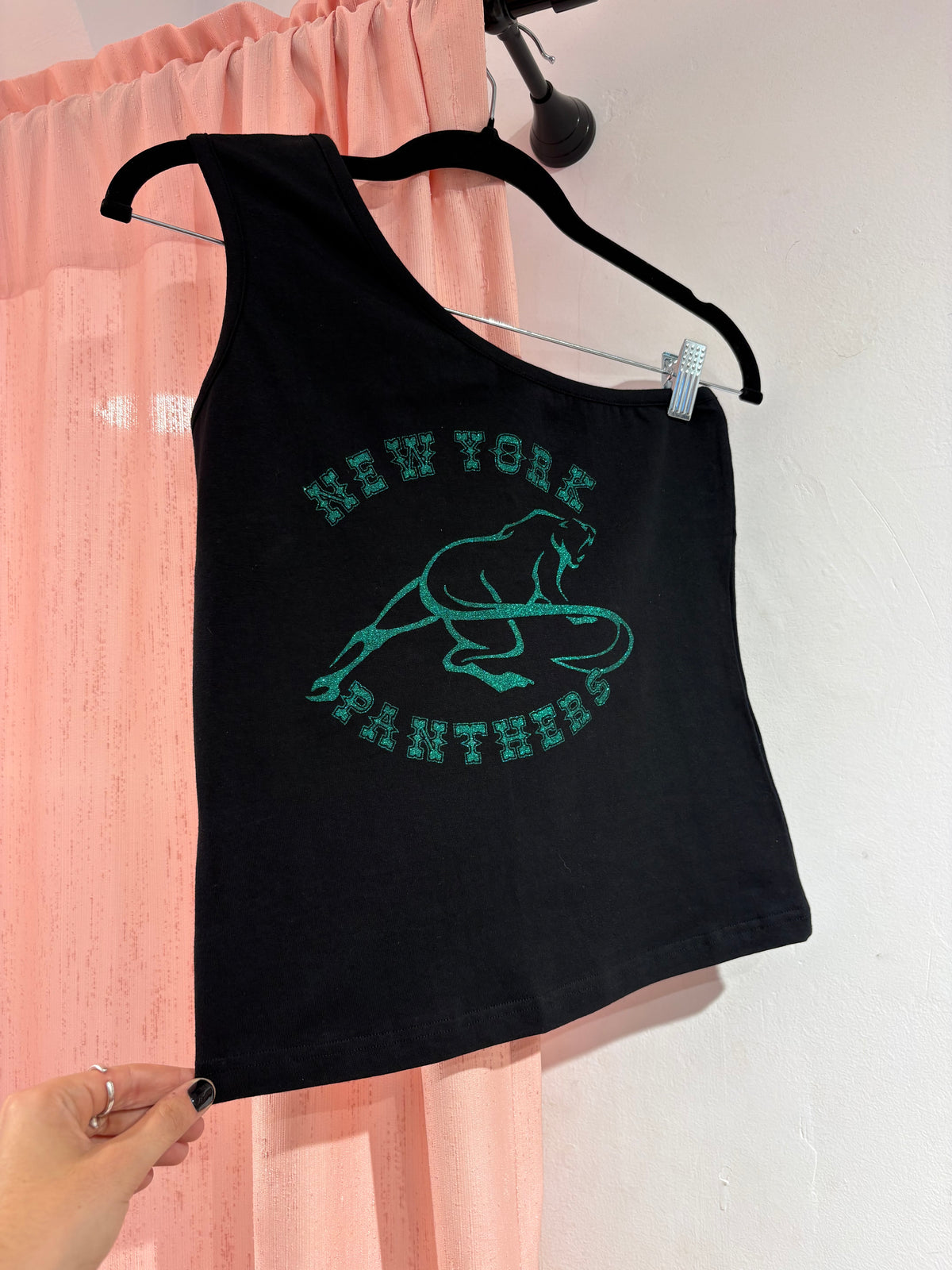 Black one-shoulder top with New York Panthers green glitter print (M)