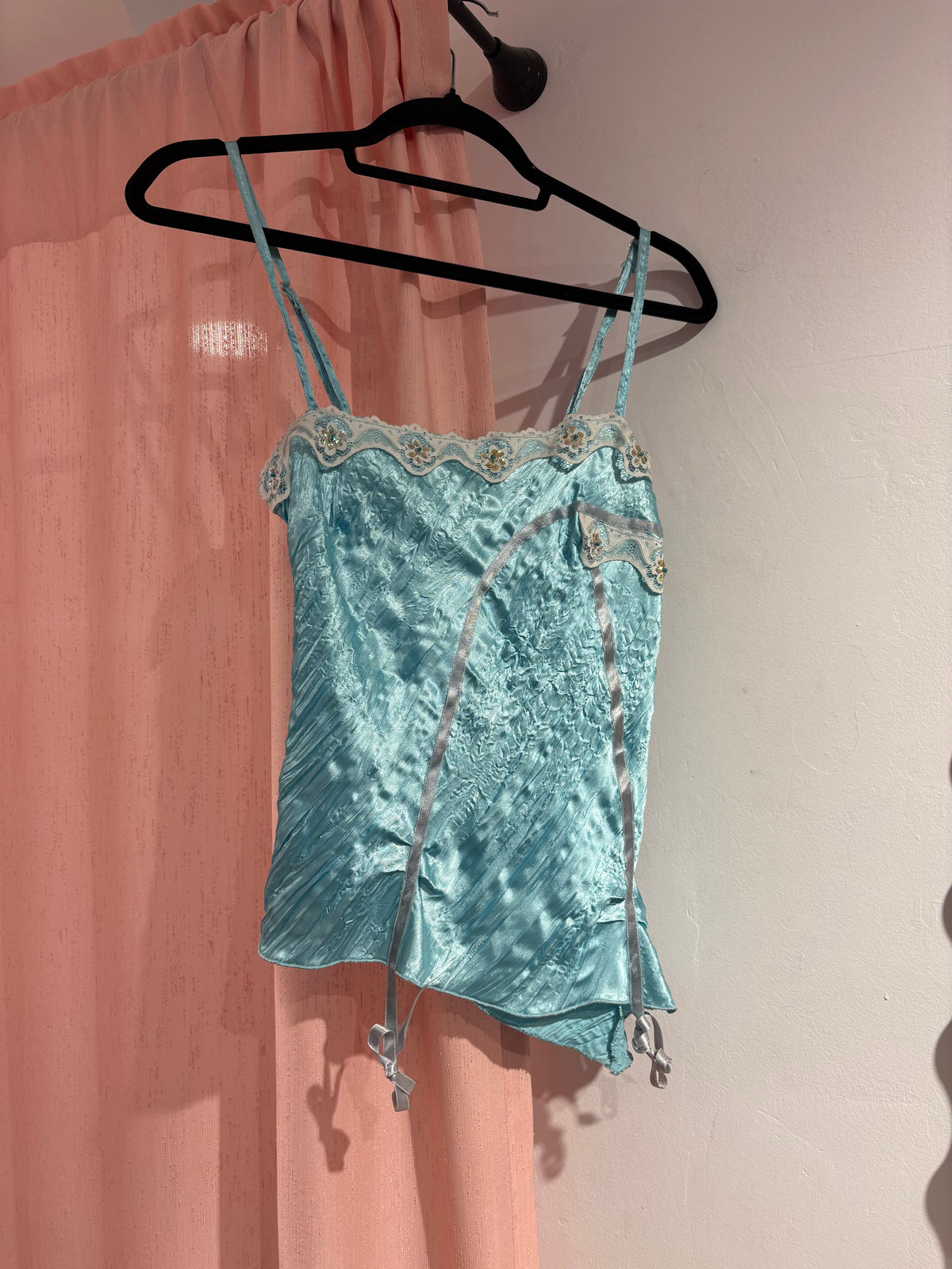 Gorgeous Positive asymmetrical light blue top with lace & sequin details (S)