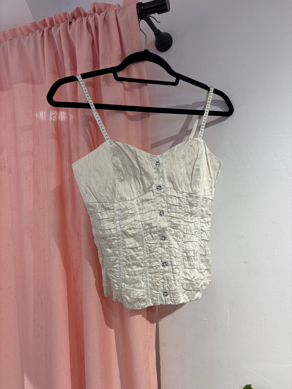 Super pretty corset-like white top with rhinestone buttons (L)