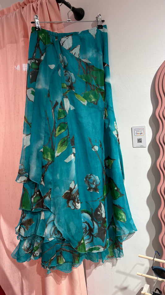 Incredible 100% silk long floral skirt with ruffle details (S)
