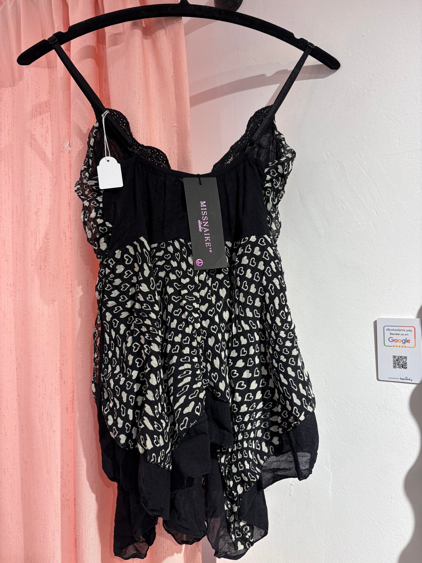 Sheer cami top with lace trim & a flowy asymmetrical hem (M)