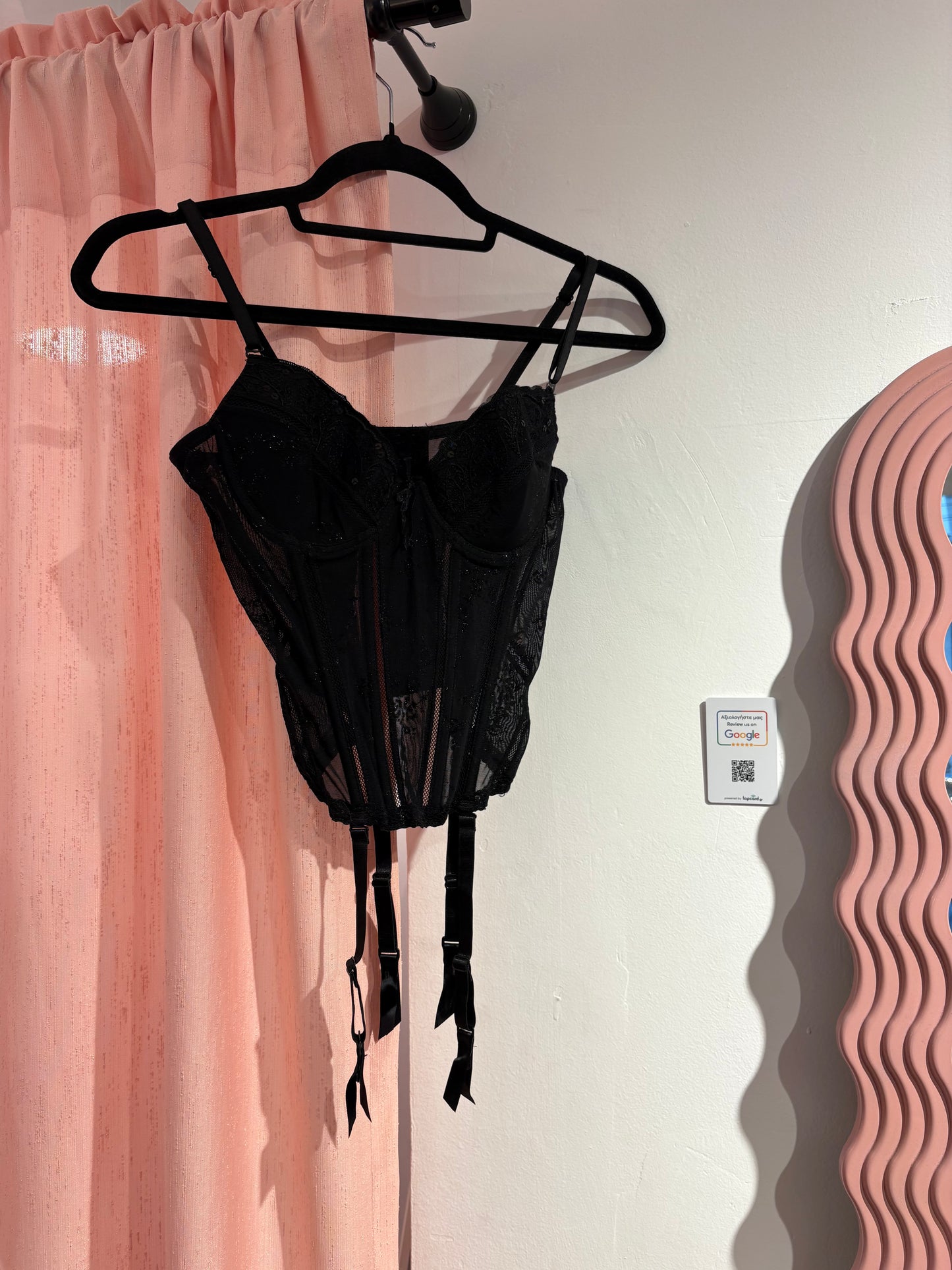Pretty black corset with glitter details and hanging lace ties (85B)