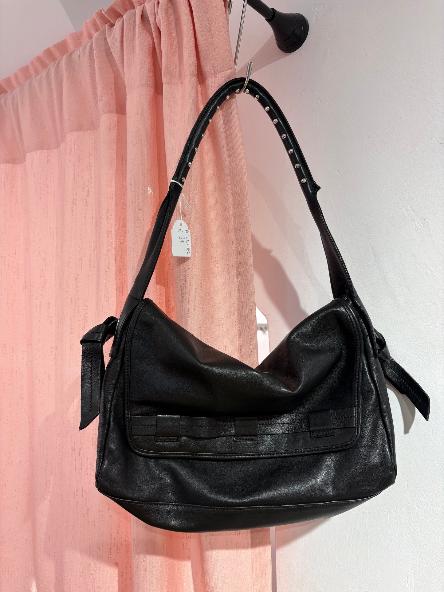 Real leather shoulder bag with metallic details