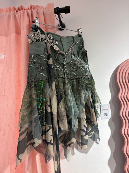 Incredible sheer embellished midi skirt with sequin details & layered mesh panels (S/M)