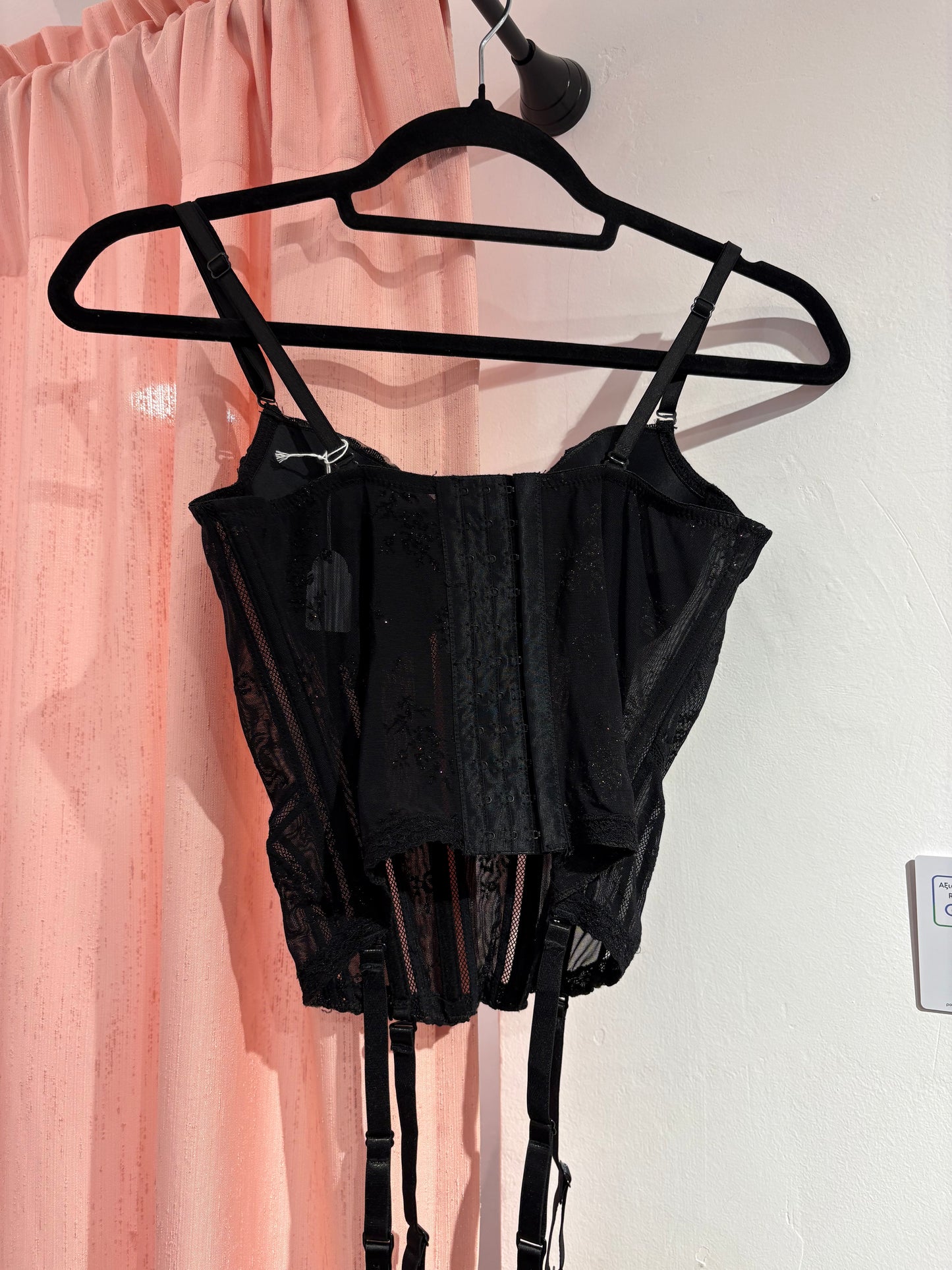 Pretty black corset with glitter details and hanging lace ties (85B)