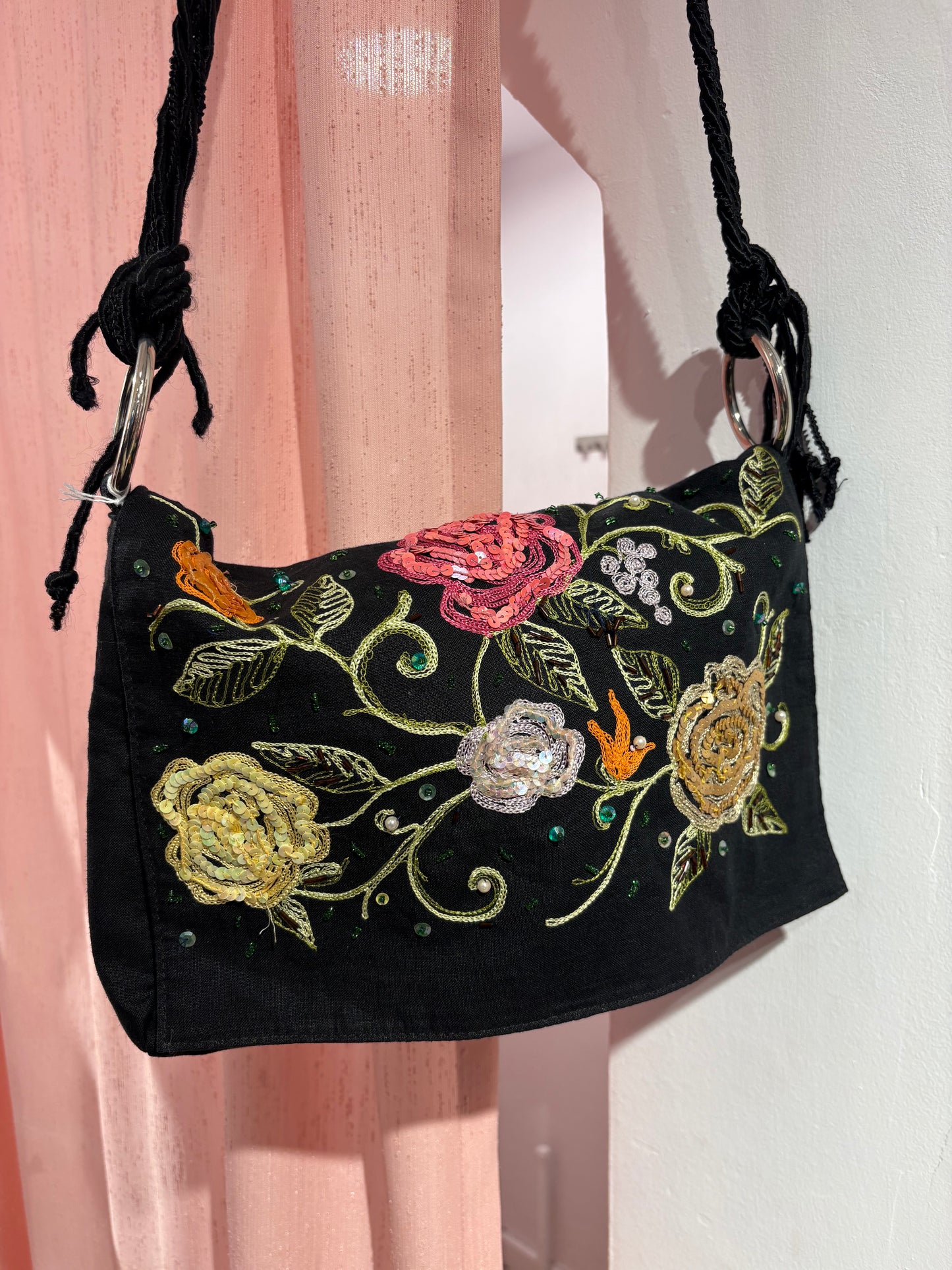 Cutest long floral embroidered sequin button-up bag