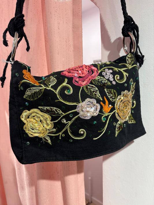 Cutest long floral embroidered sequin button-up bag