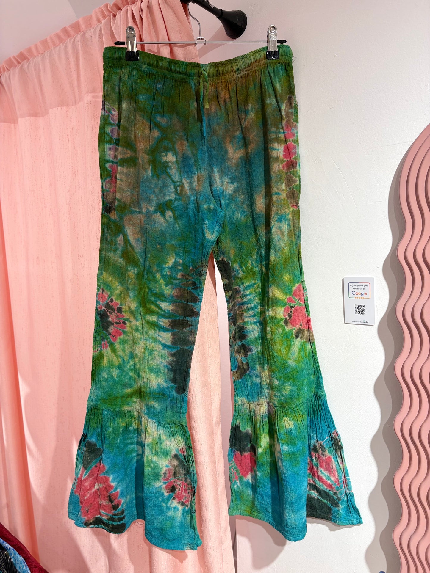 Incredible tie-dye trousers with ruffled hems (S)