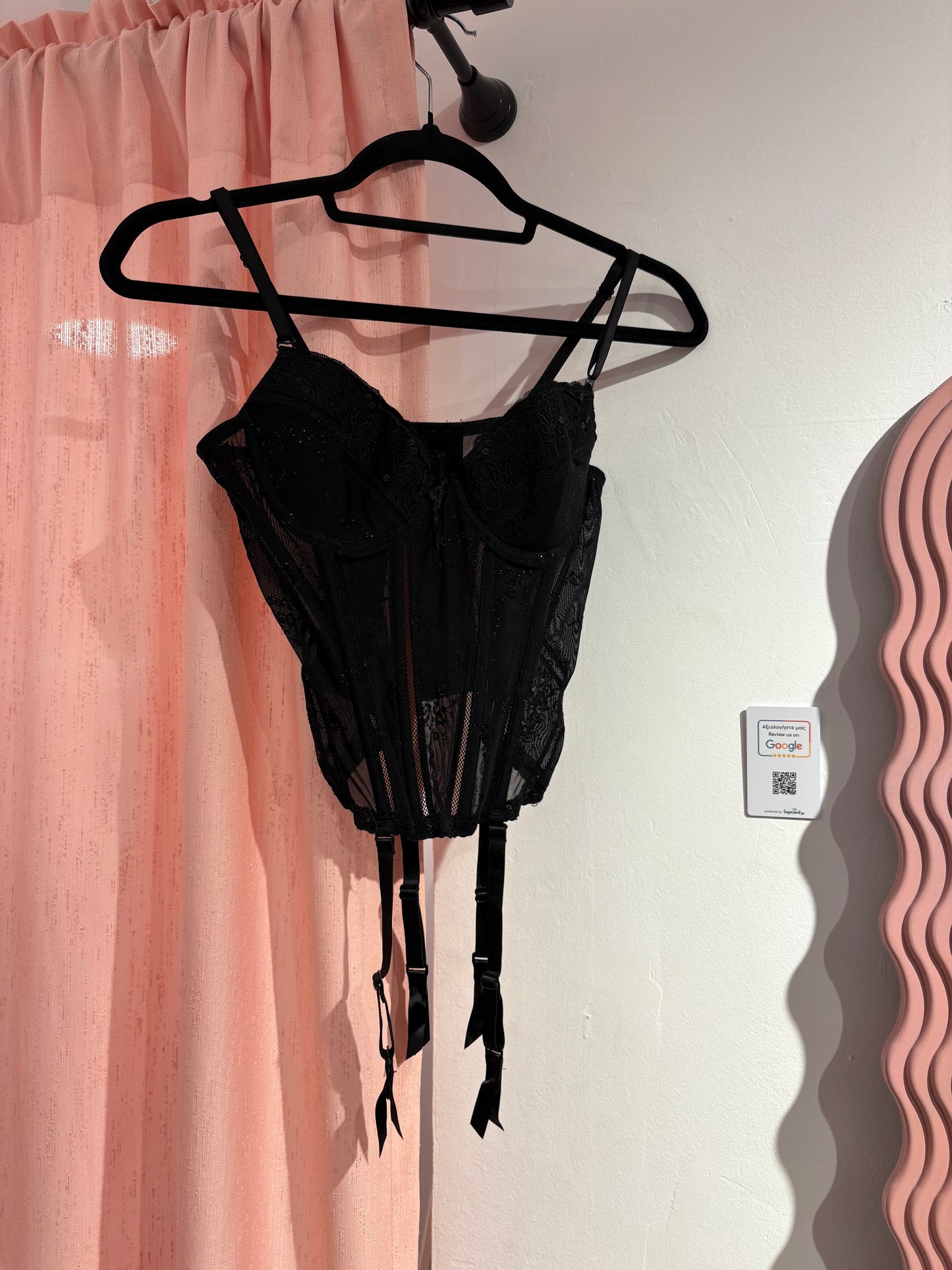 Pretty black corset with glitter details and hanging lace ties (85B)
