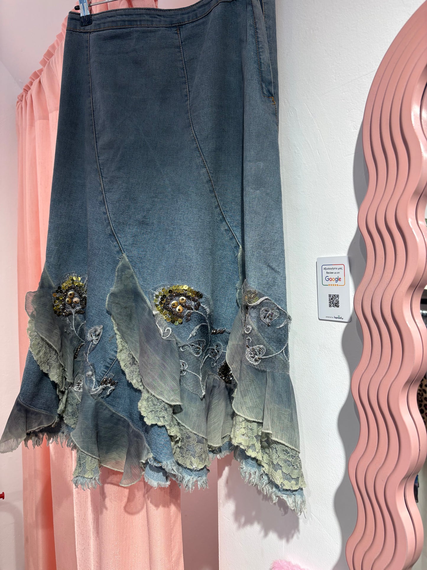 Super-unique denim midi skirt with layers (M)