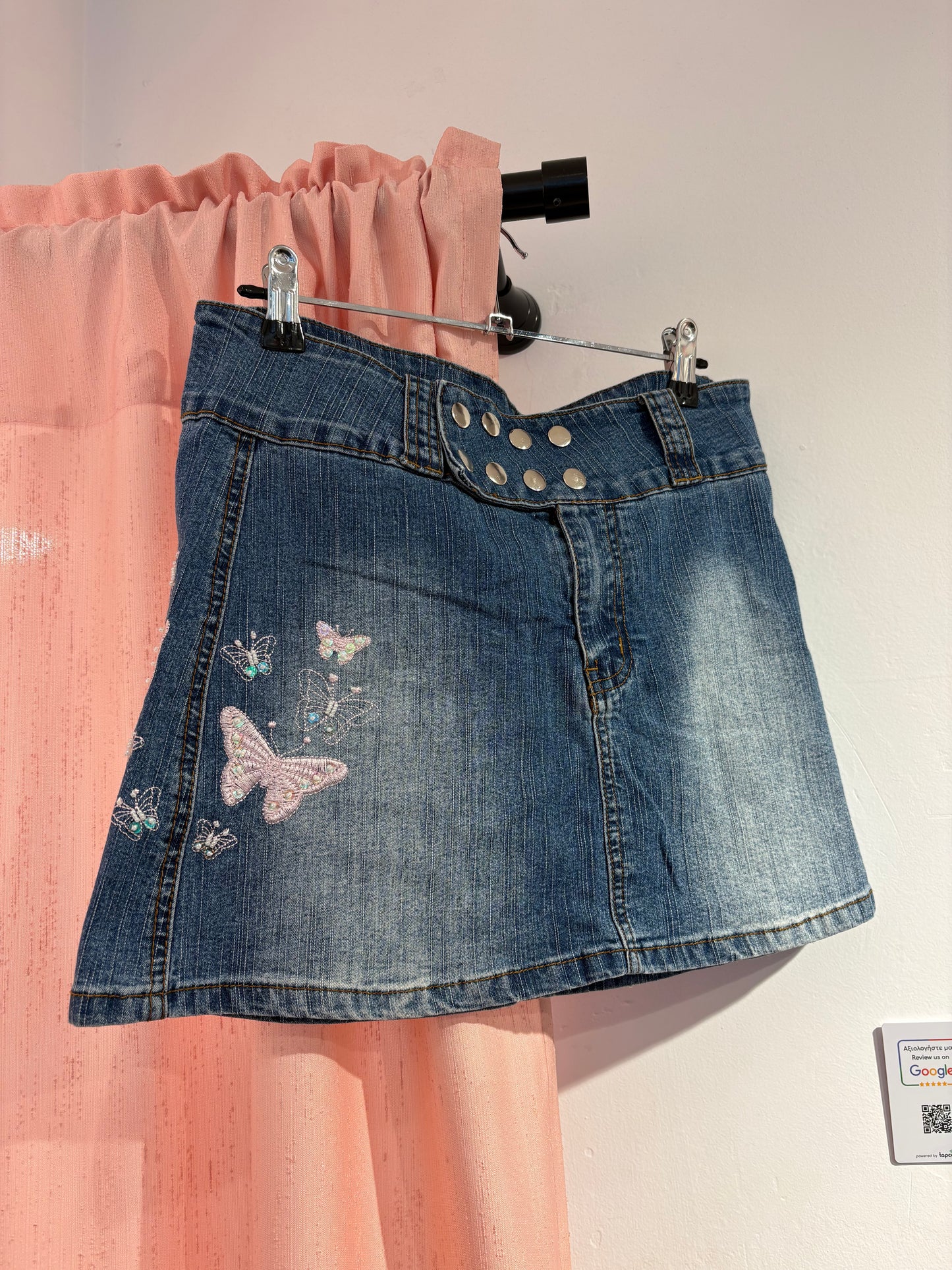 Denim mini skirt with playful butterfly print & statement button details (M)