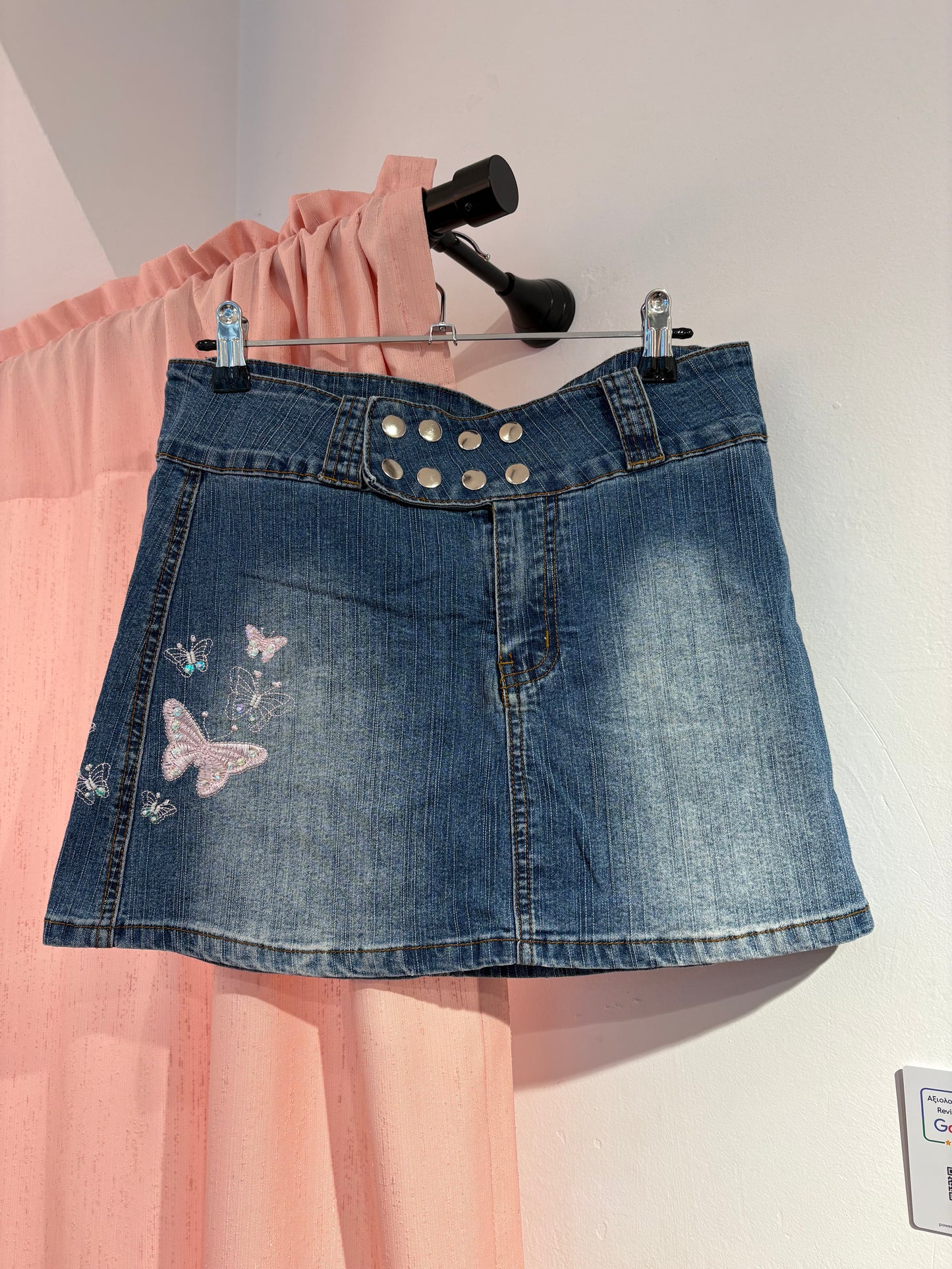 Denim mini skirt with playful butterfly print & statement button details (M)
