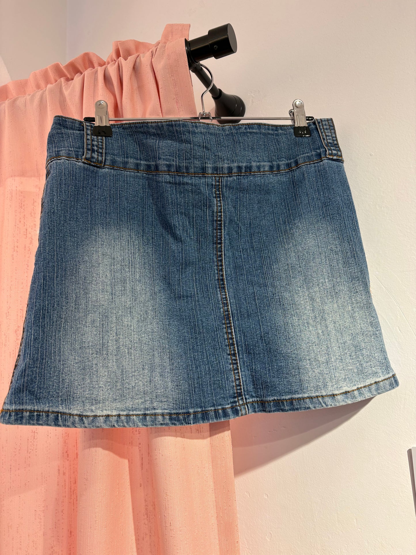 Denim mini skirt with playful butterfly print & statement button details (M)