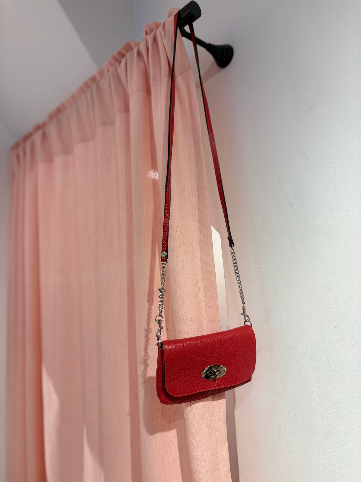 Genuine leather cherry red long mini bag