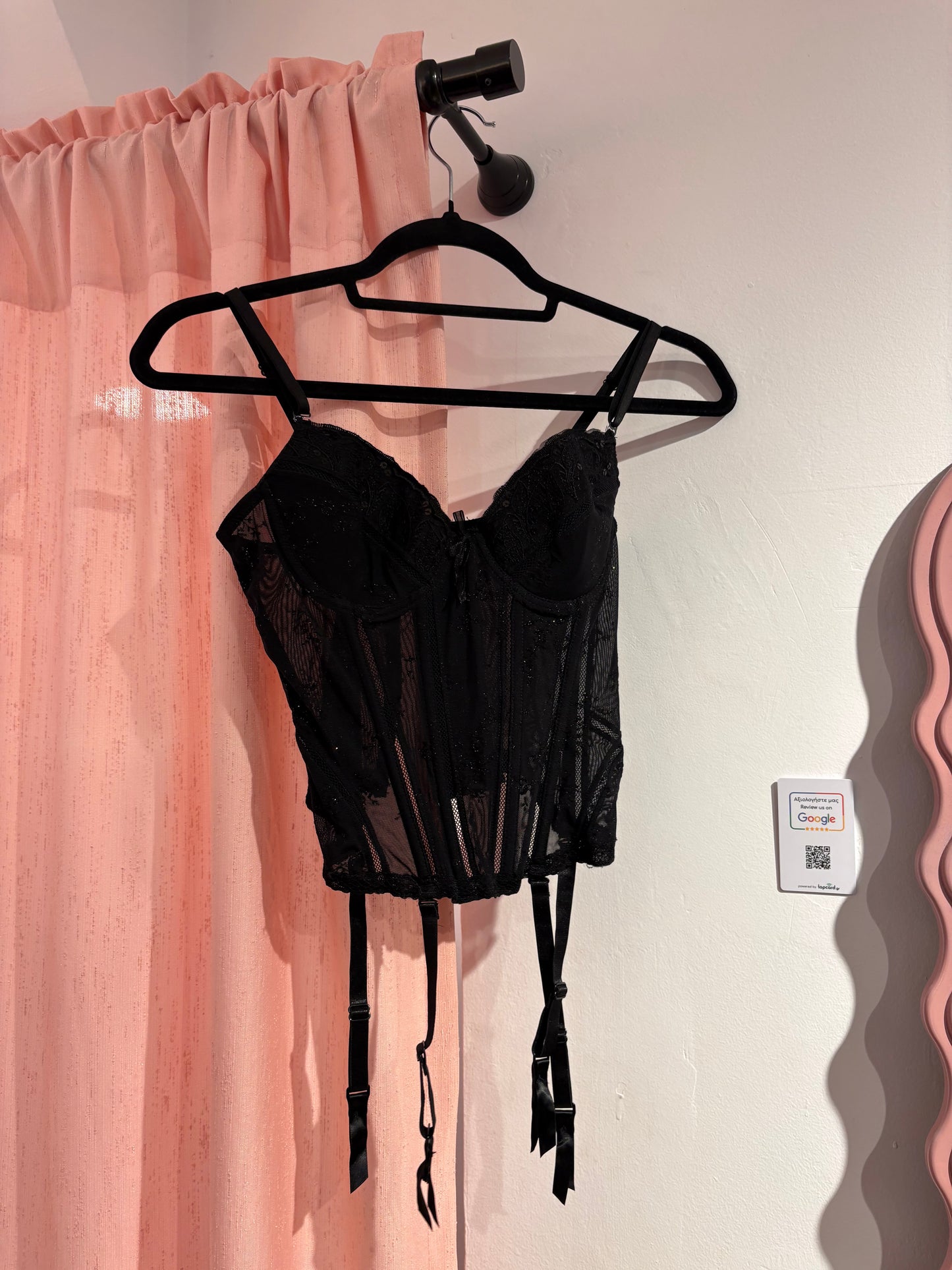 Pretty black corset with glitter details and hanging lace ties (85B)