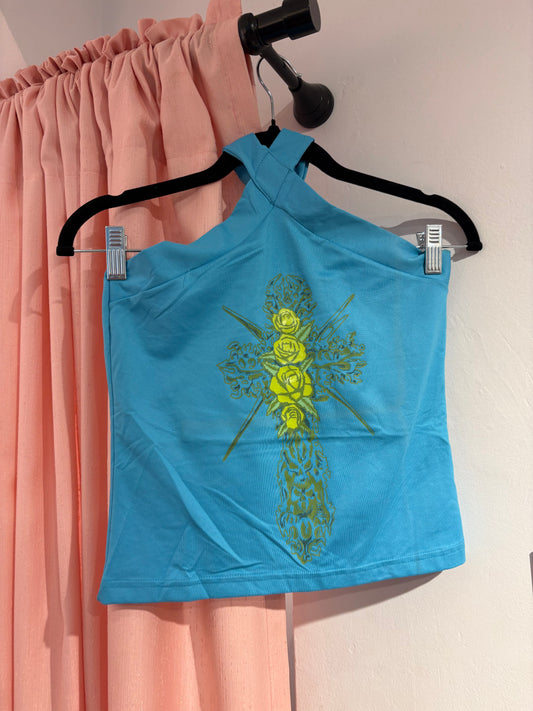 Incredible halterneck top with a crossed strap neckline (M)