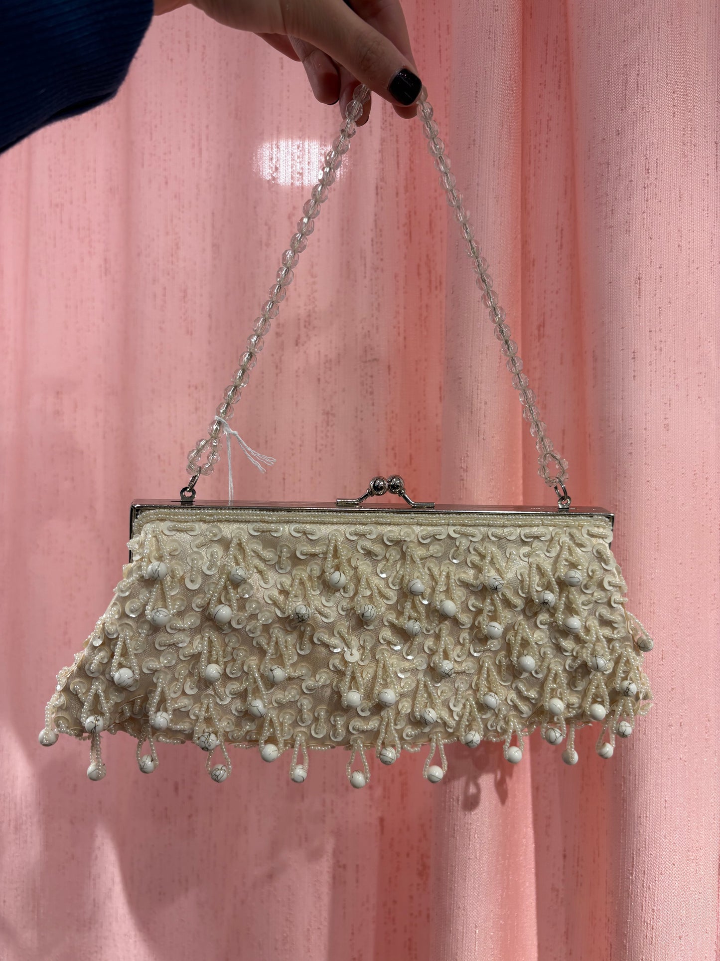 Vintage cream beaded clutch with pearl fringe & delicate chain handle