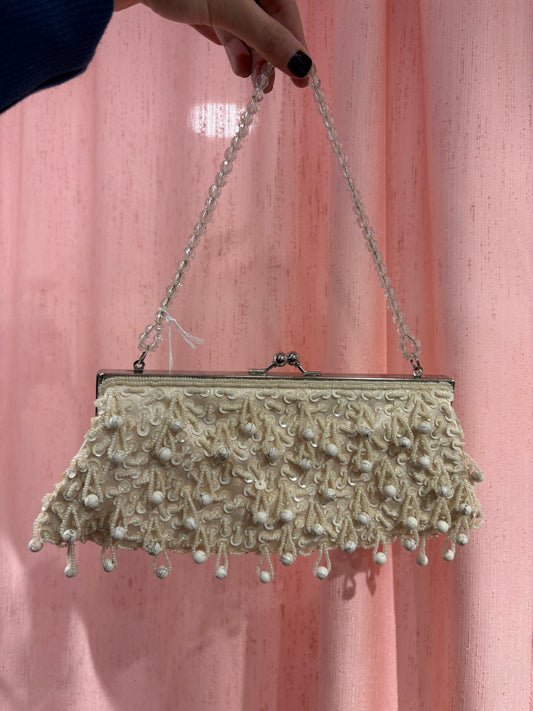 Vintage cream beaded clutch with pearl fringe & delicate chain handle