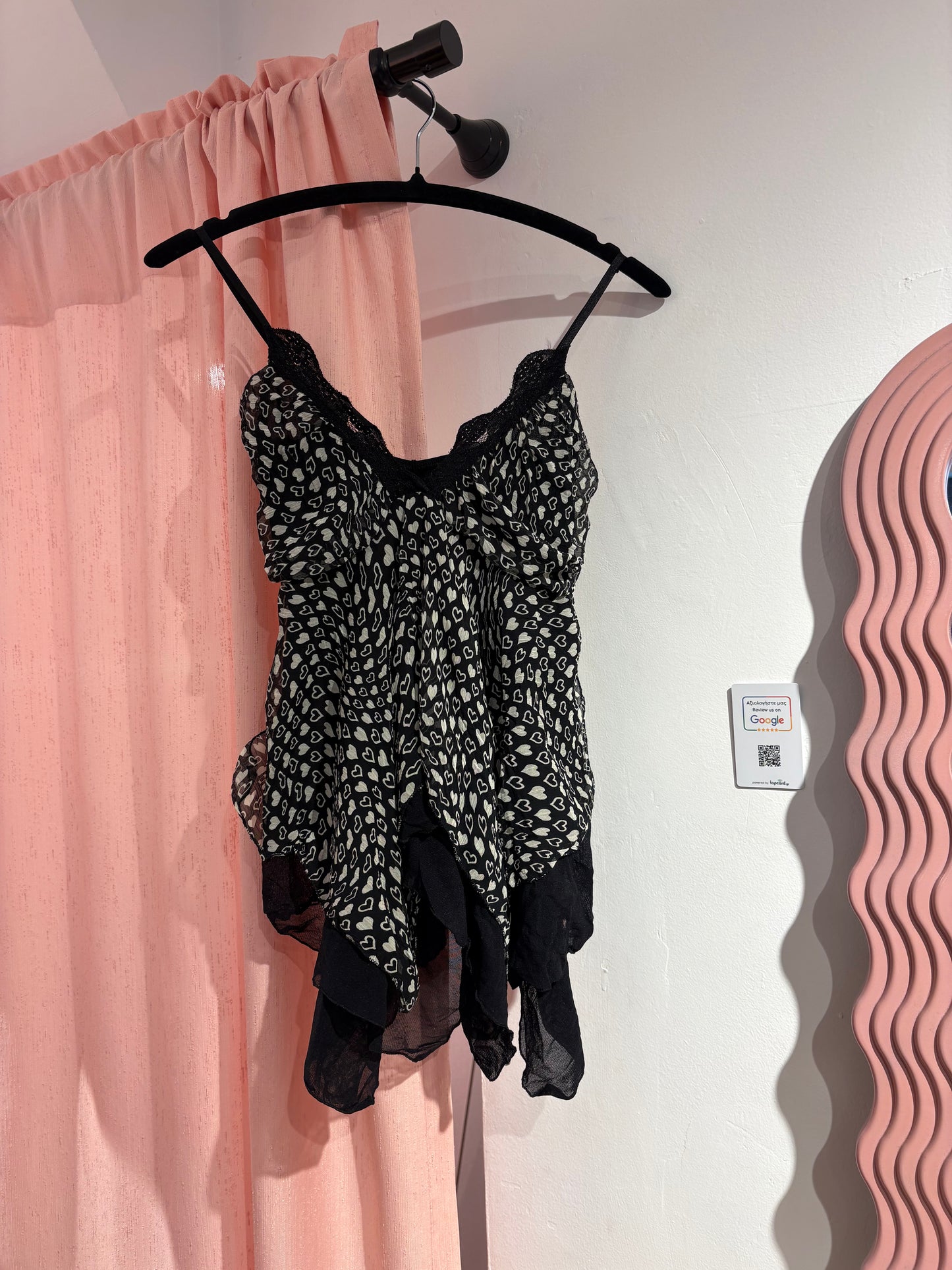 Sheer cami top with lace trim & a flowy asymmetrical hem (M)