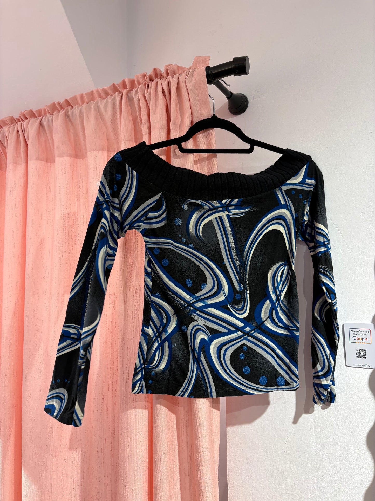 Y2k off-shoulder top with abstract blue/cream swirl print