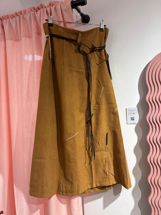 Mustard A-line midi skirt with an adjustable rope belt (M)