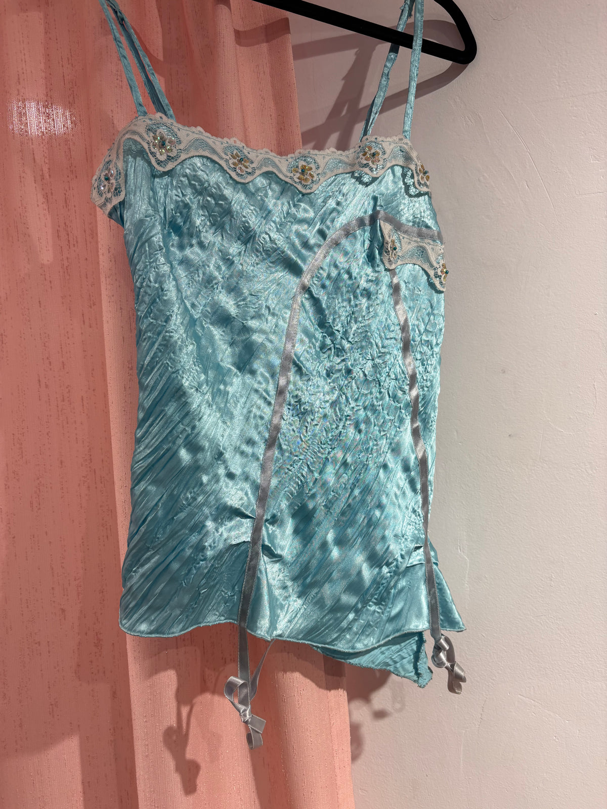 Gorgeous Positive asymmetrical light blue top with lace & sequin details (S)