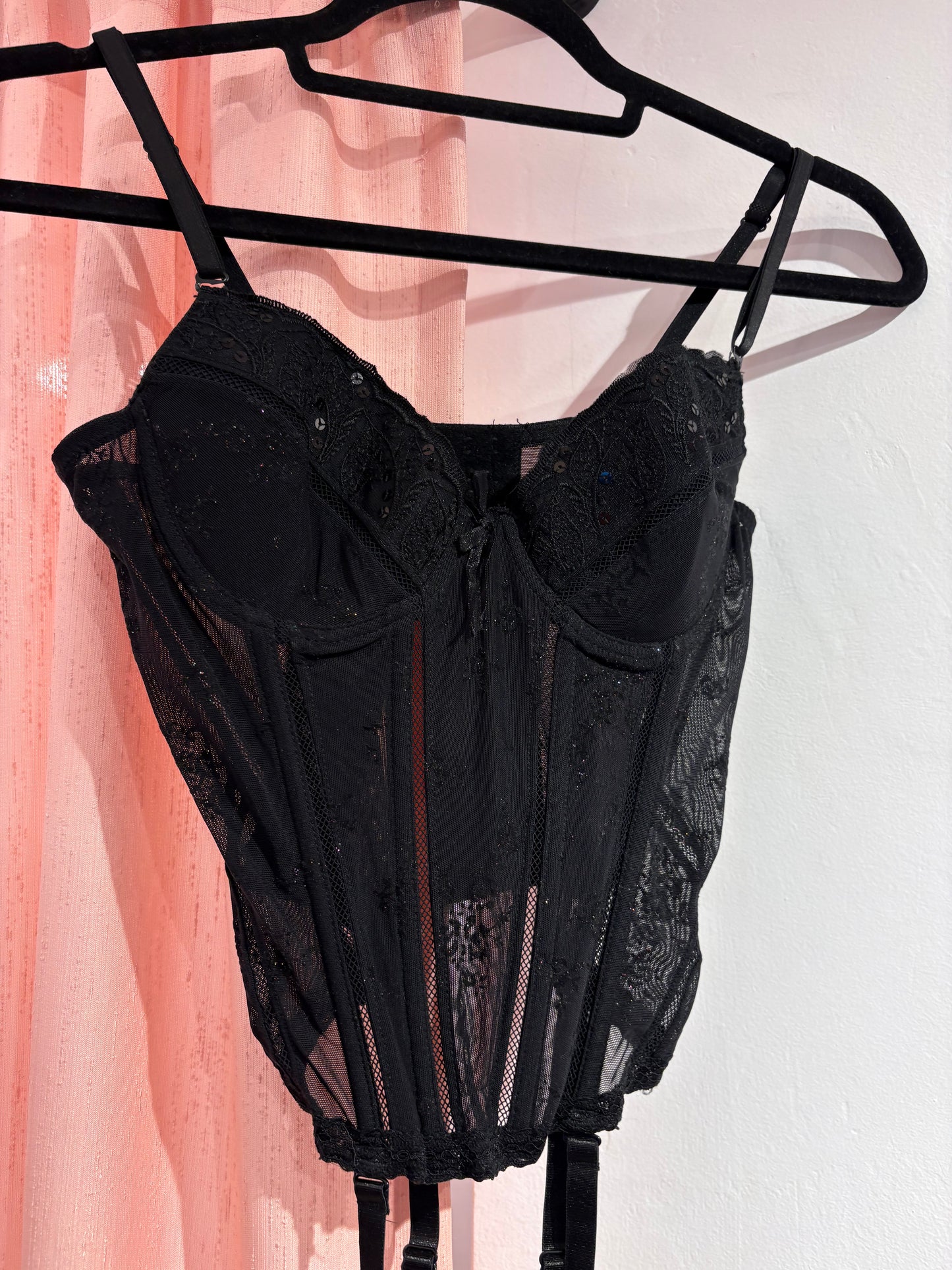 Pretty black corset with glitter details and hanging lace ties (85B)