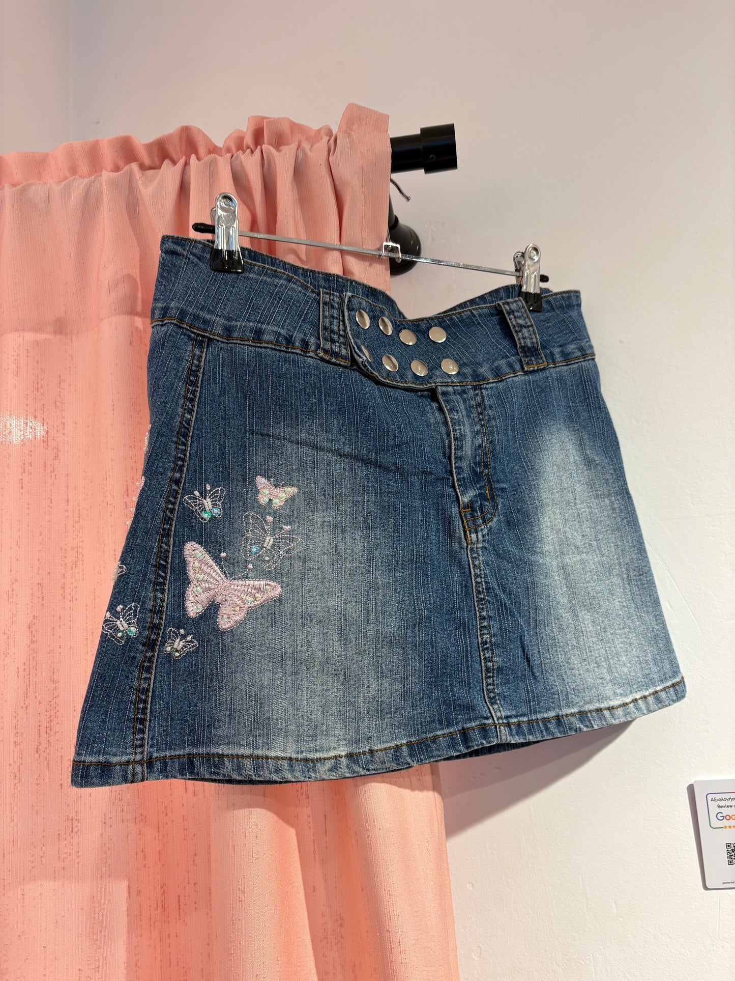 Denim mini skirt with playful butterfly print & statement button details (M)