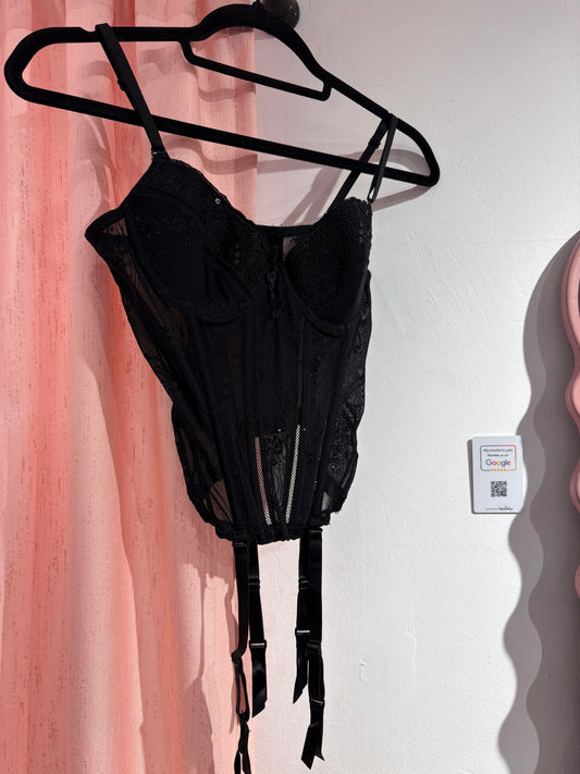 Pretty black corset with glitter details and hanging lace ties (85B)