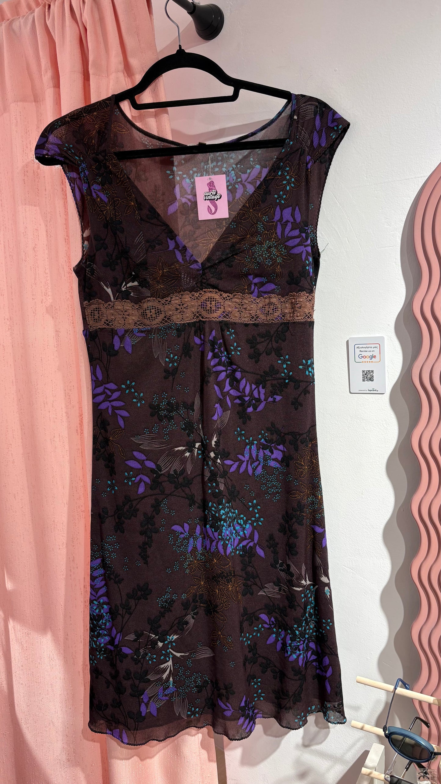 Midi floral brown/dark purple dress with lace detail (L)