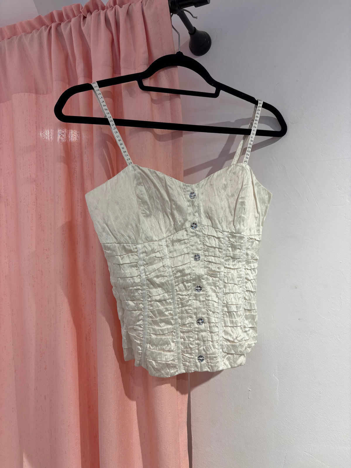 Super pretty corset-like white top with rhinestone buttons (L)